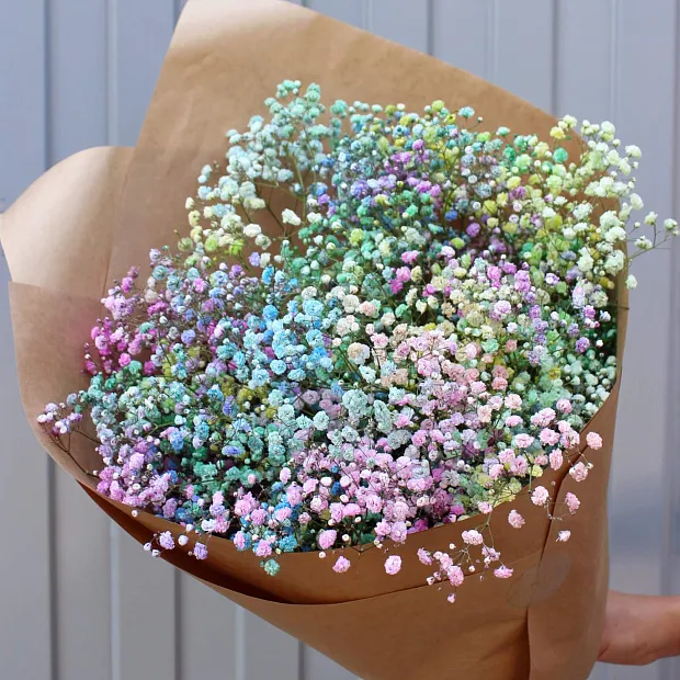 Букет из 7 веток радужной гипсофилы в крафте