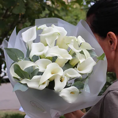 Цветы: Букет из 19 белых калл с эвкалиптом