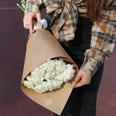 Букеты  цветов с доставкой: Набор из букета белых гвоздик и шоколада Букеты  цветов с доставкой: Набор из букета белых гвоздик и шоколада