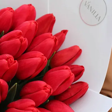 Тюльпаны: Букет из 25 красных тюльпанов "Любовь"