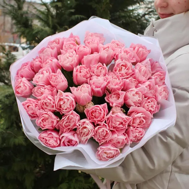 Букет из 51 пионовидного тюльпана Light Pink