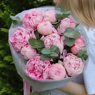 Букеты пионов: Букет из 11 пионов с эвкалиптом