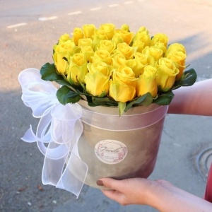 розы 27 желтых роз в бархатном цилиндре