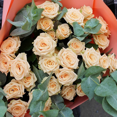 9 веток кремовых роз с эвкалиптом