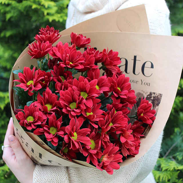 Цветы на праздник: Букет из 5 веток ромашковой хризантемы в крафте