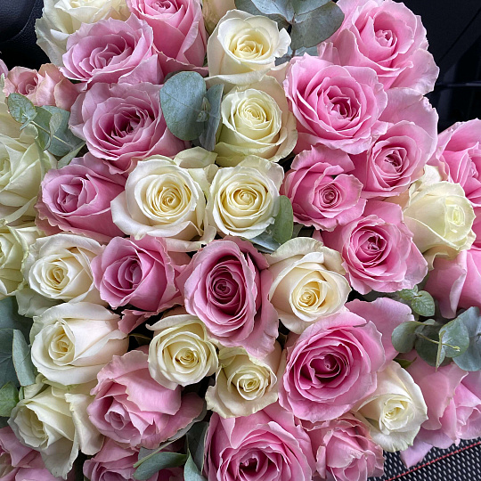 Разноцветные букеты: Букет из 51 розы нежных цветов 70 см