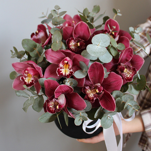 Букеты  девушке : цветы в шляпной коробке "орхидея"