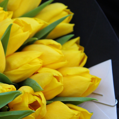 Новинки букетов 2026: Желтые тюльпаны в черном оформлении