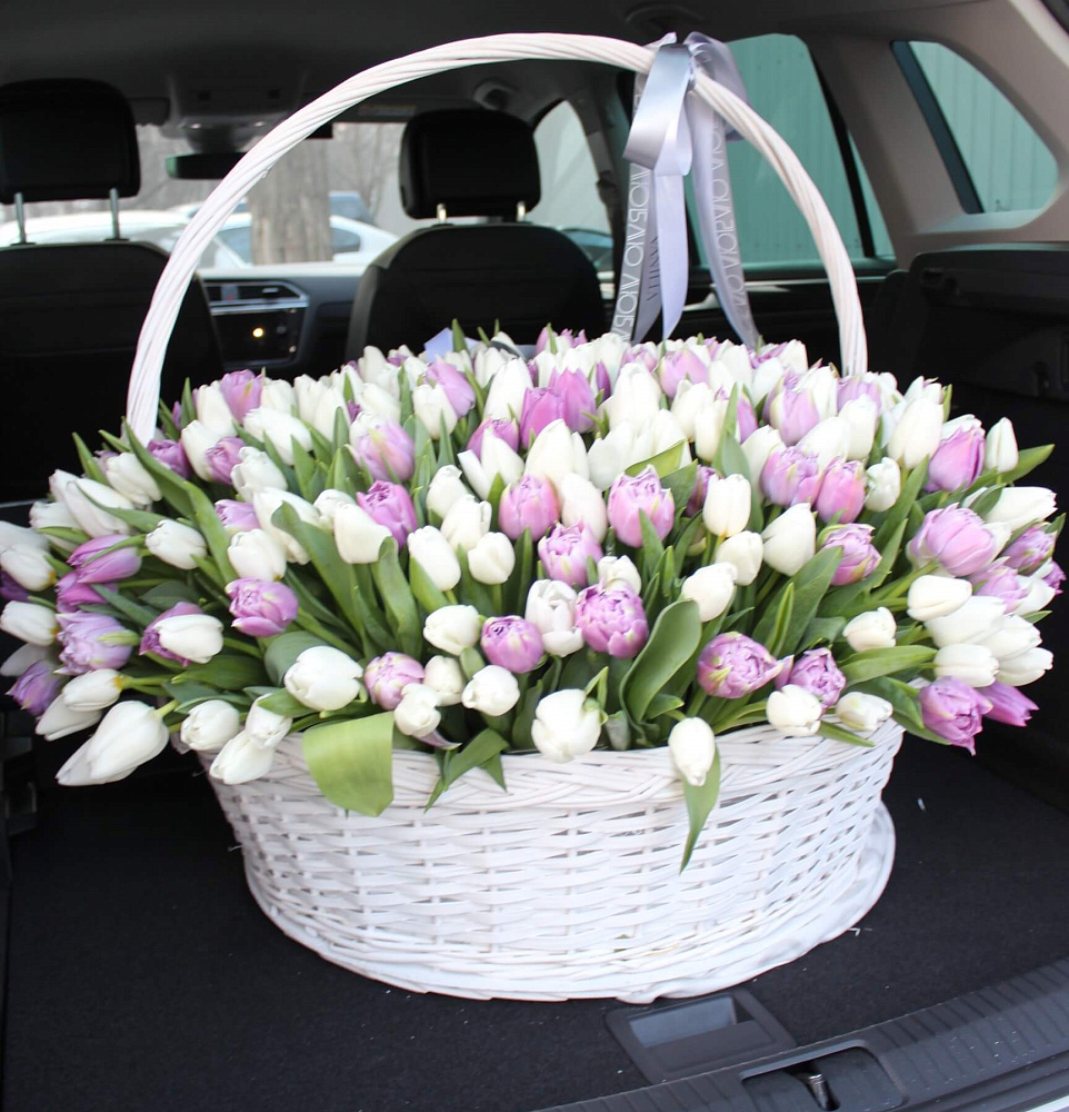 351 тюльпан в корзине VIP