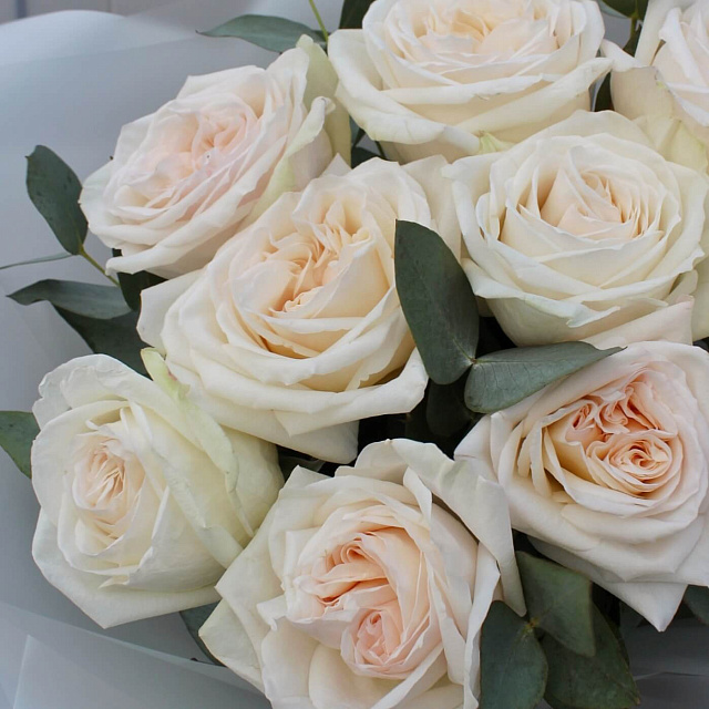 Букеты белых роз: Букет из 9 ароматных роз и эвкалипта