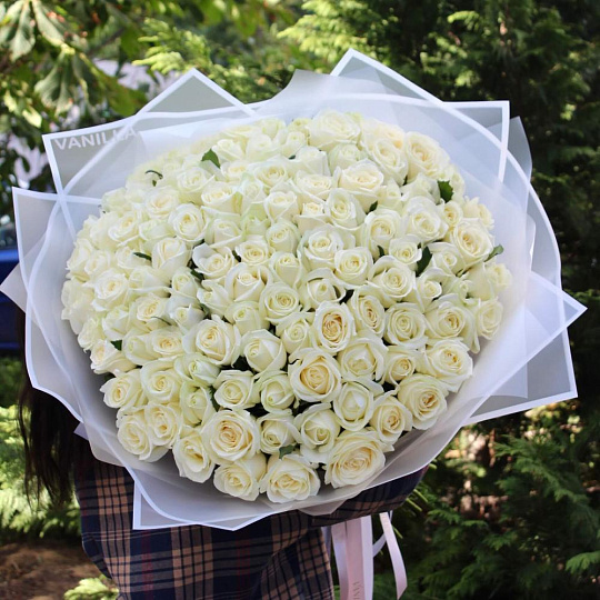 109 роз Аваланж 70 см в нежном оформлении - изображение 2