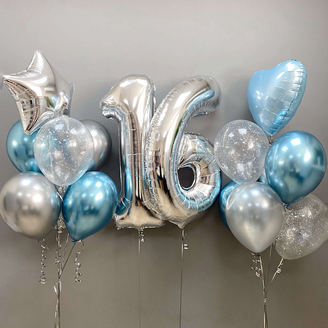 Шары на день рождения для мужчины: Фонтаны и цифры в голубой гамме