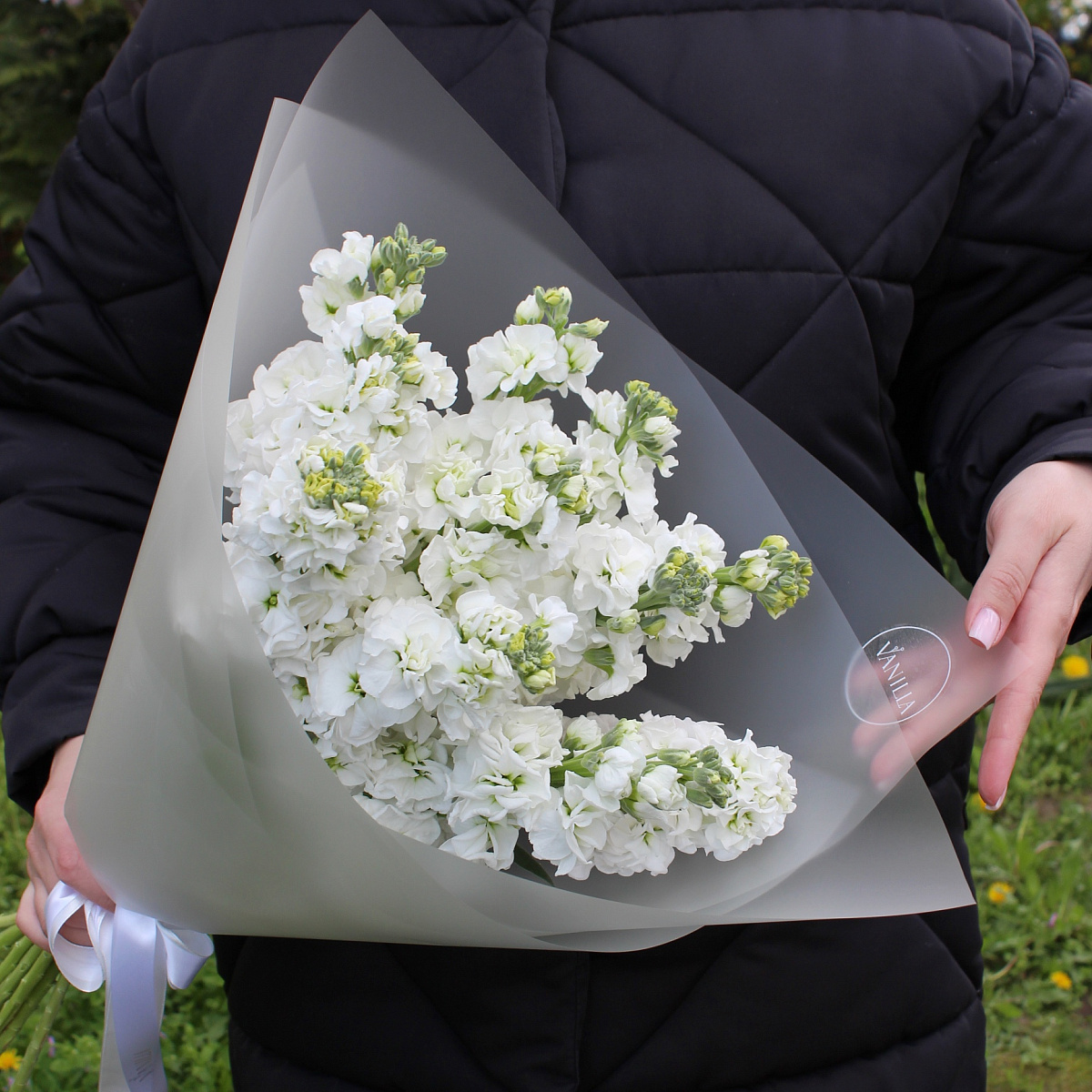 Букет из белой матиолы в оформлении