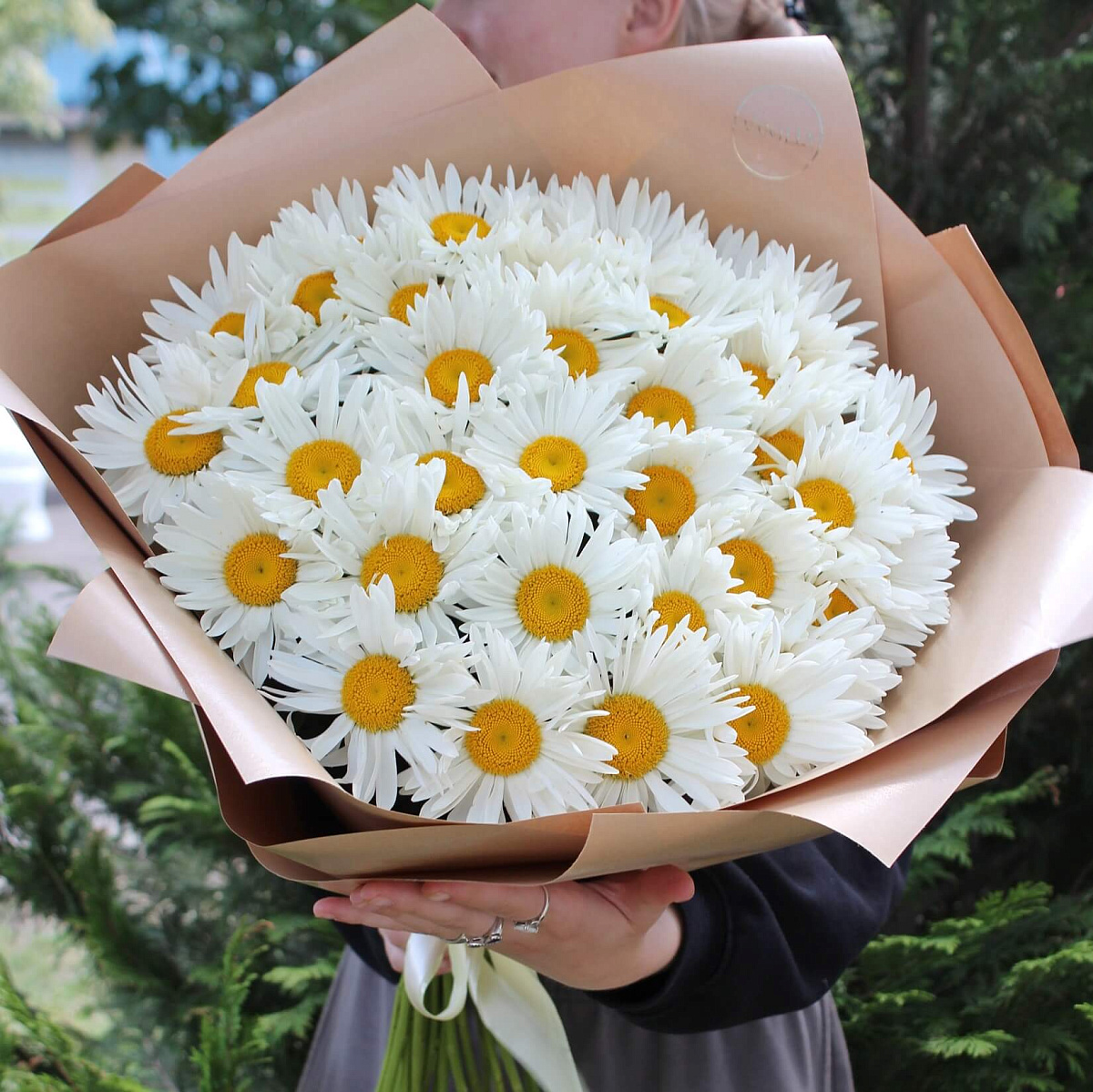 Букет из 37 белых ромашек в крафт бумаге