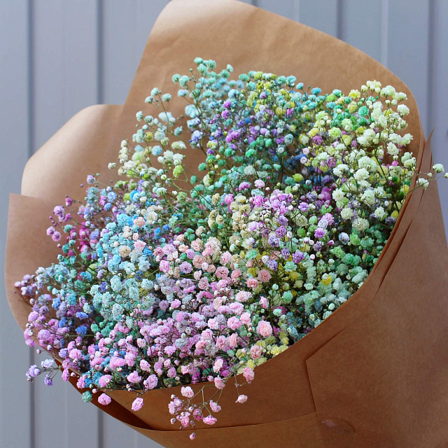 Цветы: Букет из 7 веток радужной гипсофилы в крафте