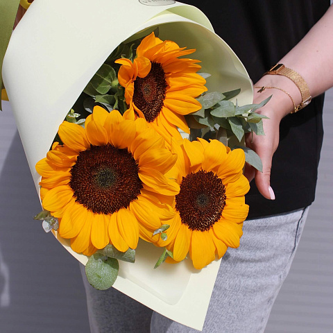 Недорогие букеты: Букет из подсолнухов с эвкалиптом