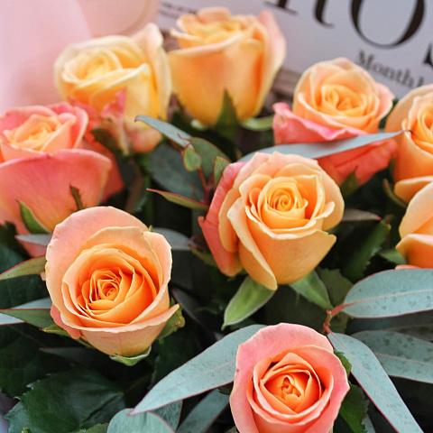 Букеты из 11 роз : 11 роз miss piggy c эвкалиптом