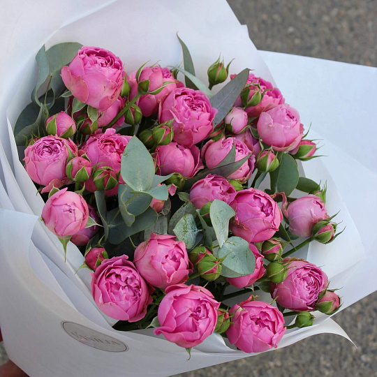 кустовые розы: Букет из 7 веток пионовидной розы Мисти Бабблс