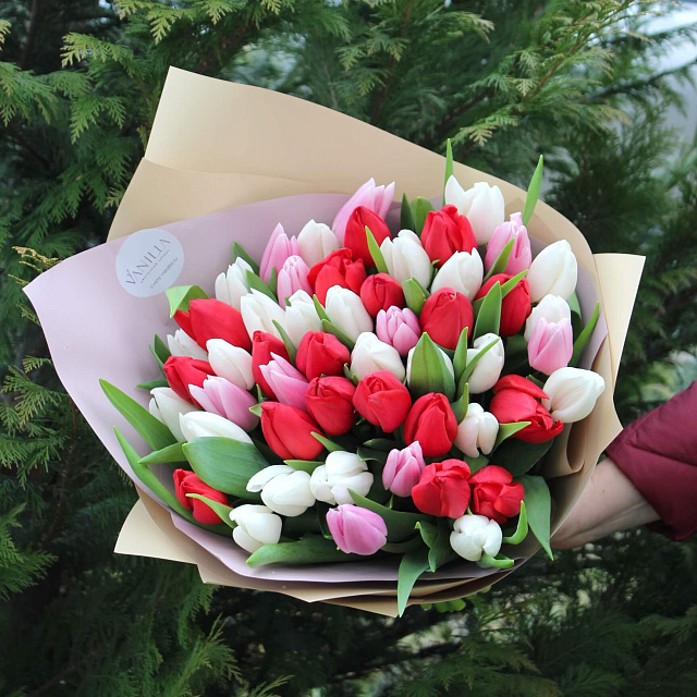 Цветы: Букет из 51 тюльпана Микс цветов