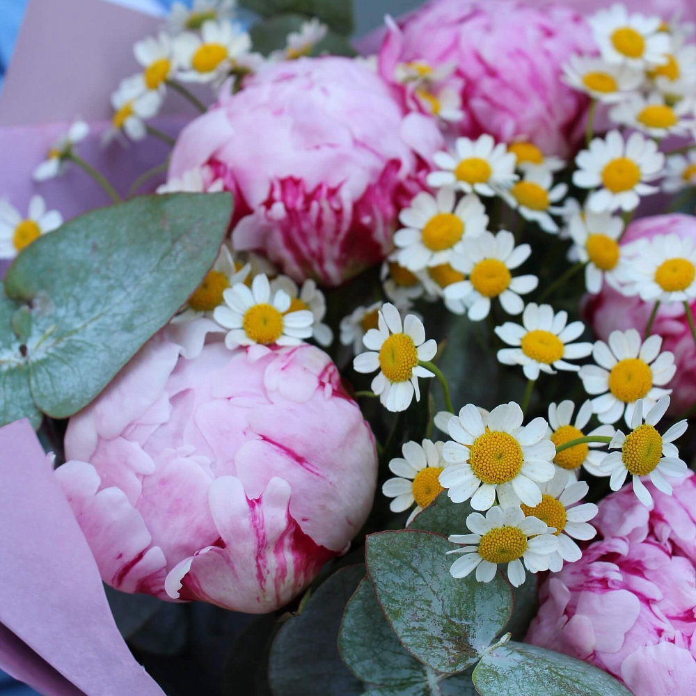 Букет из пионов и ромашки