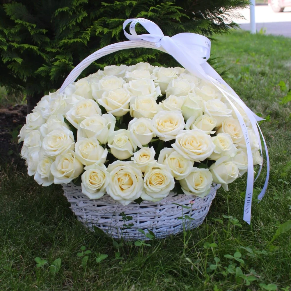 Купить корзину из 101 белой розой с доставкой по выгодной цене в Краснодаре